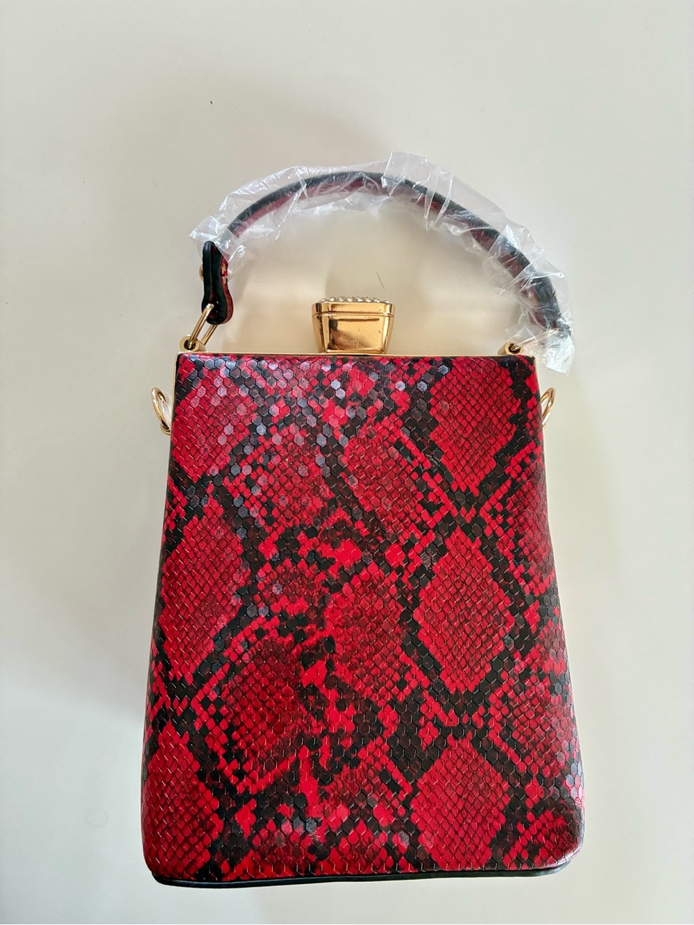 Red Polyurethane Snake-Print Top Handle Bag w/Crossbody Strap NEW UNUSED - READ